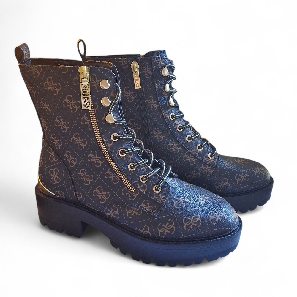 GUESS Fearne Logo Combat Boots Brown Monogram Chunky Lug Sole Size 9